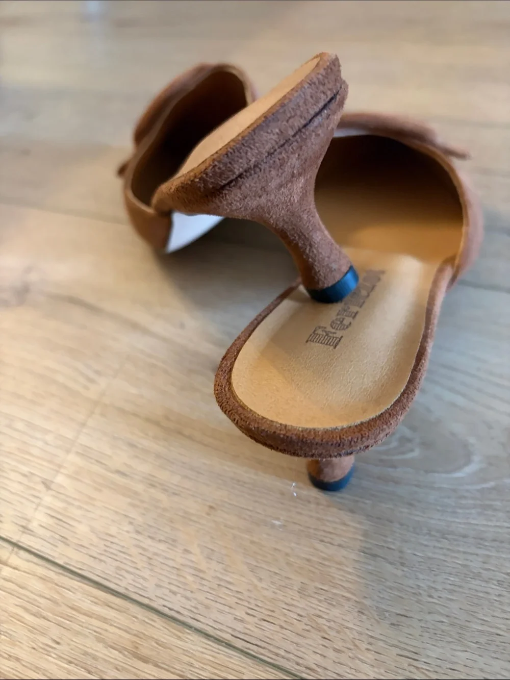 Riccio Tan Suede Pointed Espadrille Mule with Buckle Accent